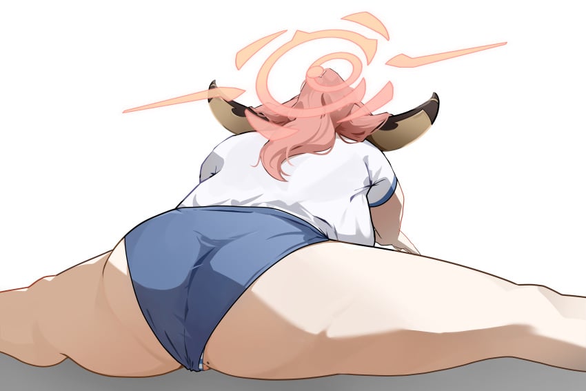 absurdres alternate_costume aru_(blue_archive) ass ass_focus blue_archive blue_buruma blue_panties buruma butt_crack demon_horns female from_behind gehenna_academy_student half_updo halo highres horns large_ass leaning_forward legs long_hair mole mole_on_ass orange_hair panties panties_under_buruma partially_visible_vulva problem_solver_68_(blue_archive) ryeon_(bluetom1) shirt short_sleeves solo spread_legs stretching striped_clothes striped_panties thick_thighs thighs two-tone_panties underwear white_panties white_shirt wide_hips wide_spread_legs