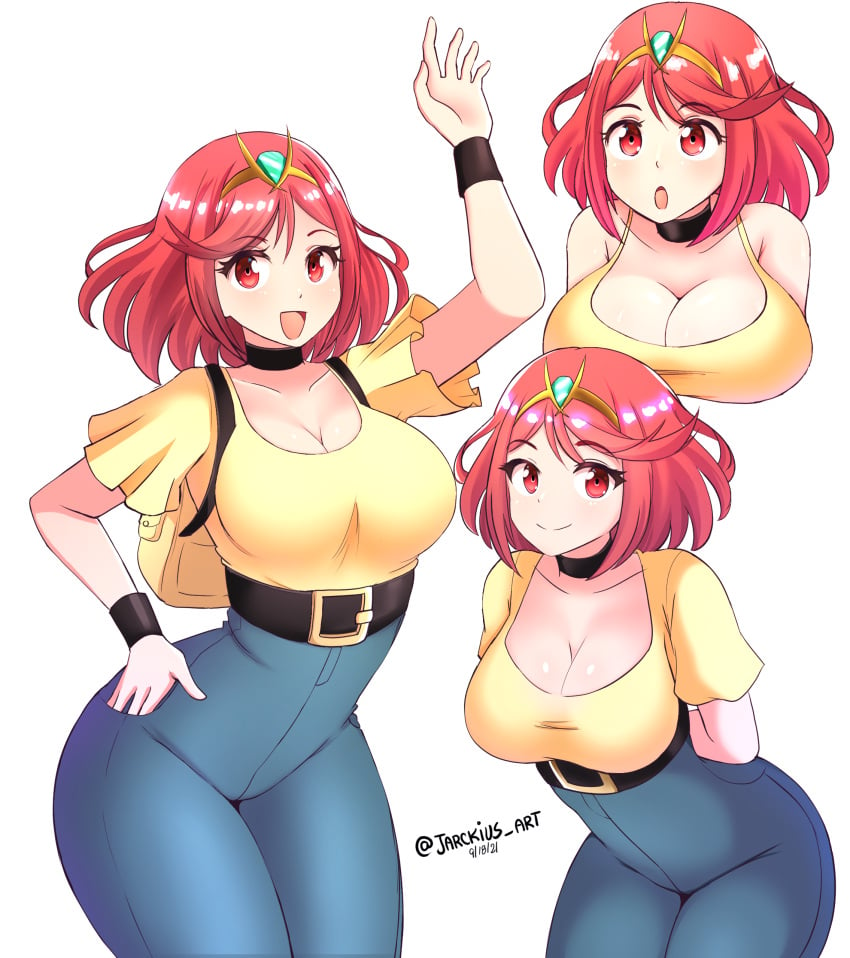 1girls backpack belt breasts choker hand_in_pocket high_waisted_pants jarckius jeans large_breasts looking_at_viewer nintendo pyra red_eyes red_hair shirt short_hair tiara xenoblade_(series) xenoblade_chronicles_2 yellow_shirt