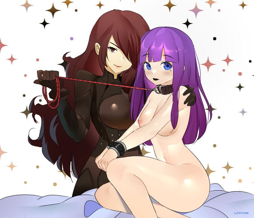 2girls black_bodysuit blue_eyes bodysuit bondage bound bound_wrists caressing choker collar cuffs embarrassed embarrassed_nude_female female female_focus female_only femdom large_breasts leash lucy_dyne lumpychan medium_breasts megami_tensei mitsuru_kirijo mole multiple_girls original_character persona persona_3 persona_4_arena purple_hair red_eyes red_hair yuri