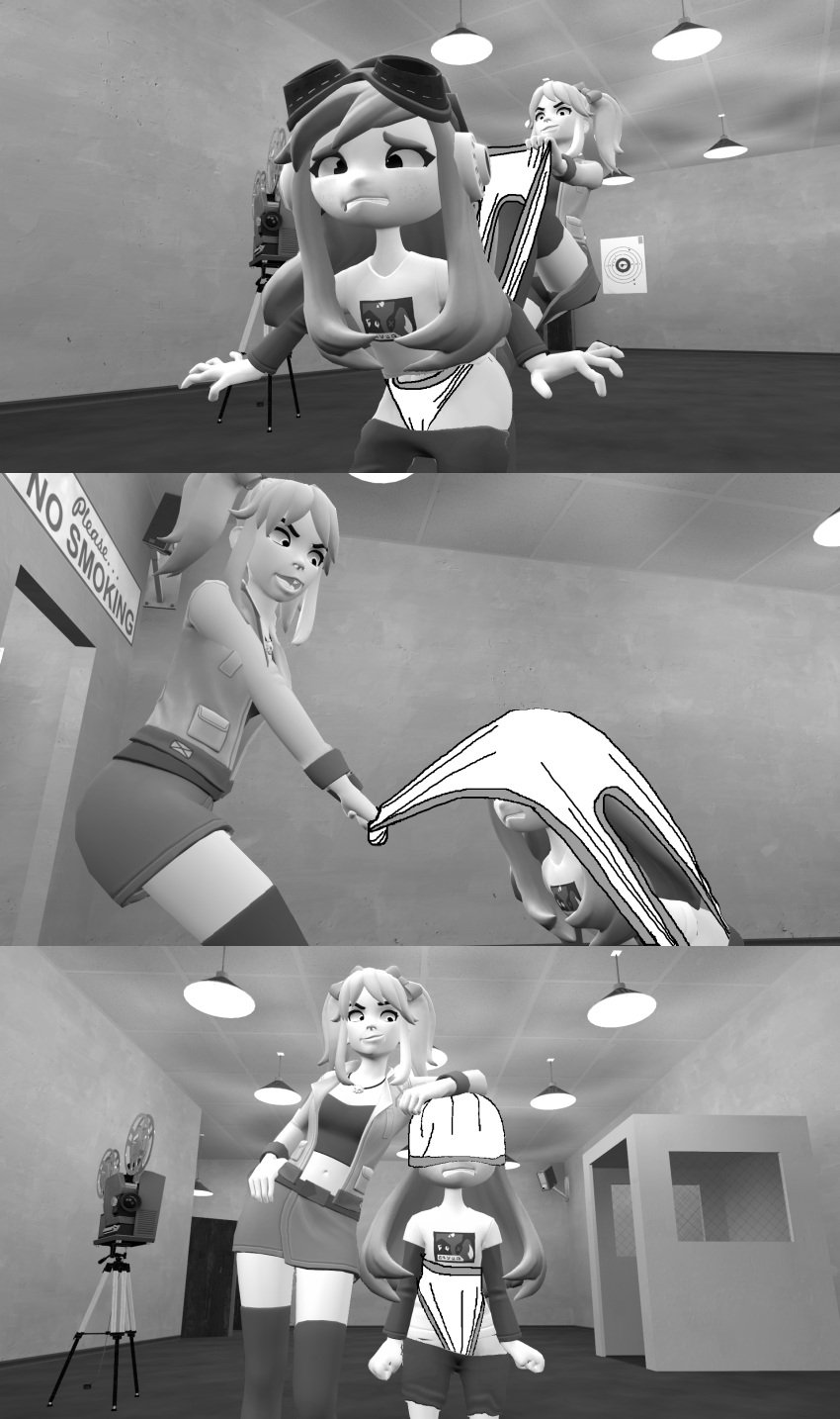 2girls 3d 3d_(artwork) angry_expression atomic_wedgie black_and_white bully bullying comic dominant_female embarrassed_female eyes_crossed female_only garry's_mod gmod human_meggy humiliated meggy_spletzer panties_over_head panty_pull ponymod_ saiko_bichitaru_(smg4) smg4 stretched_clothing submissive_female underwear_pull wedgie