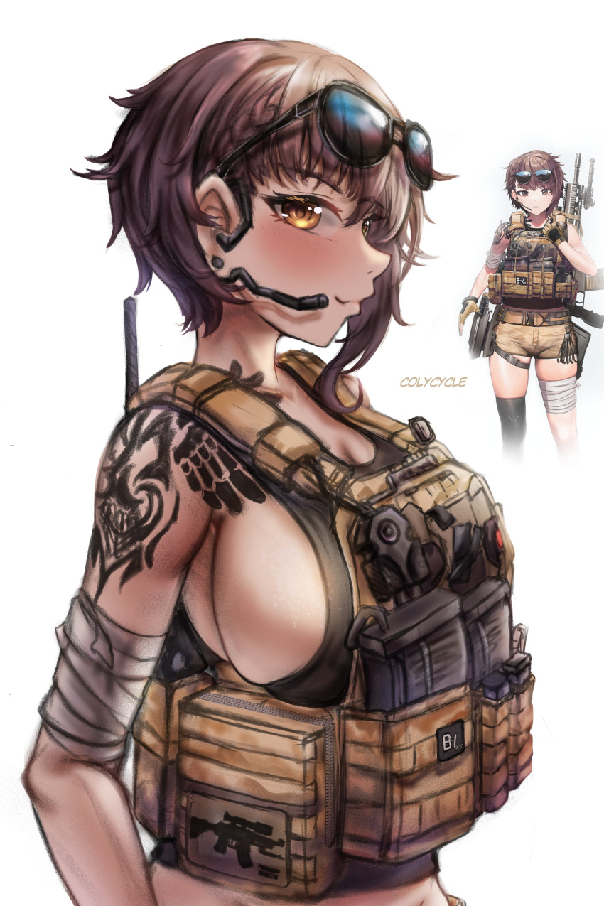 1girls absurd_res ammunition_pouch armor artist_name bandage bandaged_arm bandaged_leg bandages blush breasts brown_eyes brown_hair cleavage closed_mouth colycycle delta_(nikke) eyewear eyewear_on_head female female_focus female_only gloves goddess_of_victory:_nikke gun highres knee_brace large_breasts load_bearing_vest looking_at_viewer official_art pistol pouch rifle short_hair shoulder_tattoo sideboob simple_background smile smiling solo sunglasses tactical tactical_clothes tactical_gear tactical_gloves tactical_vest tattoo tomboy very_short_hair weapon white_background