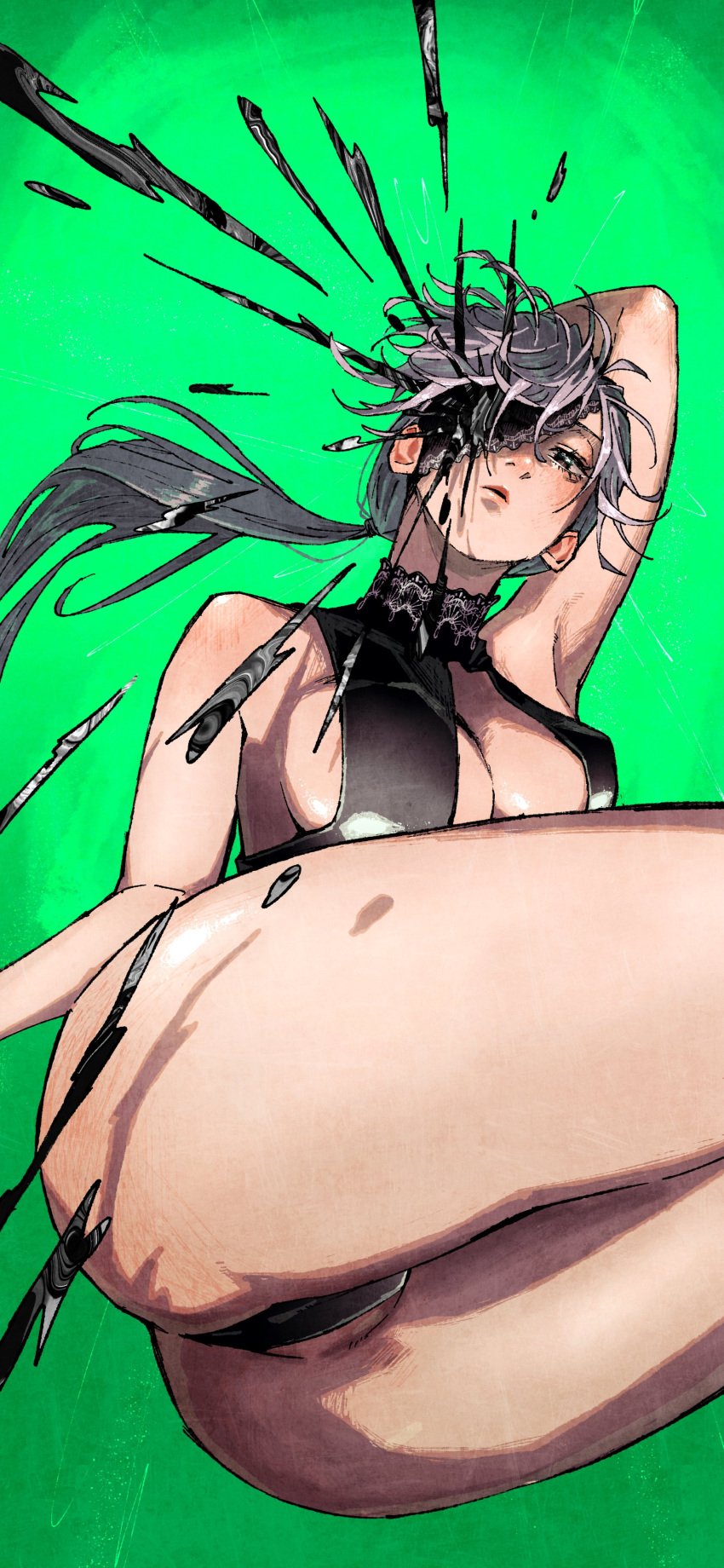 1girls absurd_res absurdres adult adult_female arm_above_head armpits ass bare_arms bare_ass bare_legs bare_shoulders bare_skin bare_thighs breasts breasts chainsaw_man cleavage elbows erupusai2 female female_focus female_only green_background groin hand_above_head high_resolution highres hourglass_figure legs light-skinned_female light_skin lips long_hair looking_at_viewer medium_breasts ponytail pussy quanxi_(chainsaw_man) shoulders sideboob silver_hair silver_hair_female simple_background slender_body slender_waist slim_girl slim_waist solo thick_ass thick_thighs thighs thin_waist underboob upper_body wide_hips