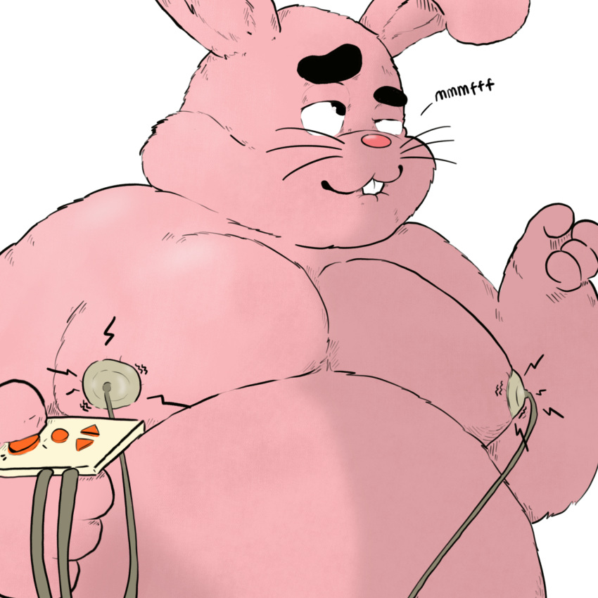 belly bite biting_lip cartoon_network dialogue eye_roll hi_res humanoid lagomorph leporid male mamayong_(artist) mammal moobs nipple_fetish nipple_play rabbit richard_watterson sex_toy slightly_chubby slightly_chubby_male solo tagme the_amazing_world_of_gumball toy vibrator