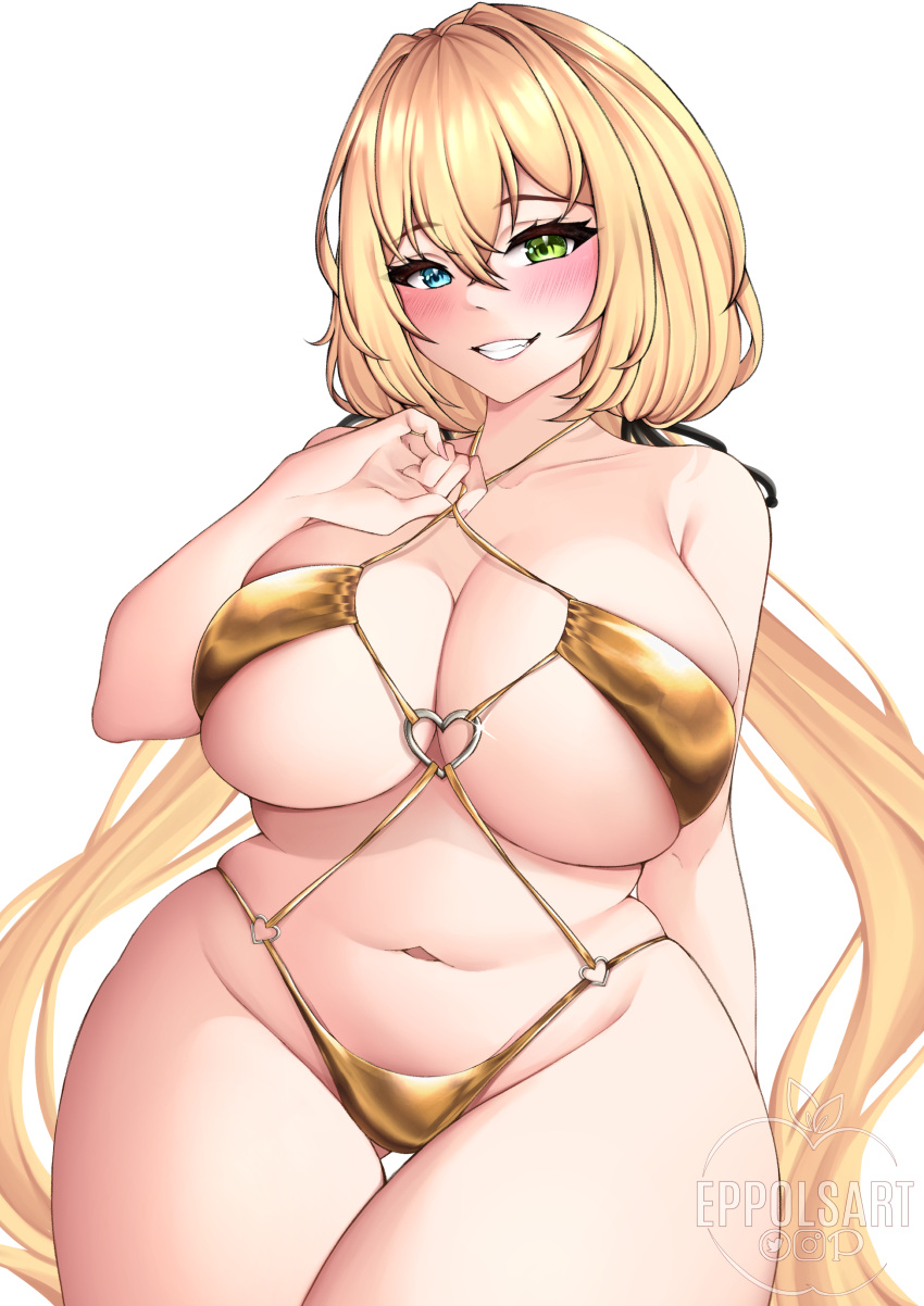 1girls bikini blonde_hair blue_eyes breasts eppolsart female green_eyes heterochromia hi_res huge_breasts light-skinned_female light_skin long_hair naughty_face original original_character png thick_thighs thighs wide_hips