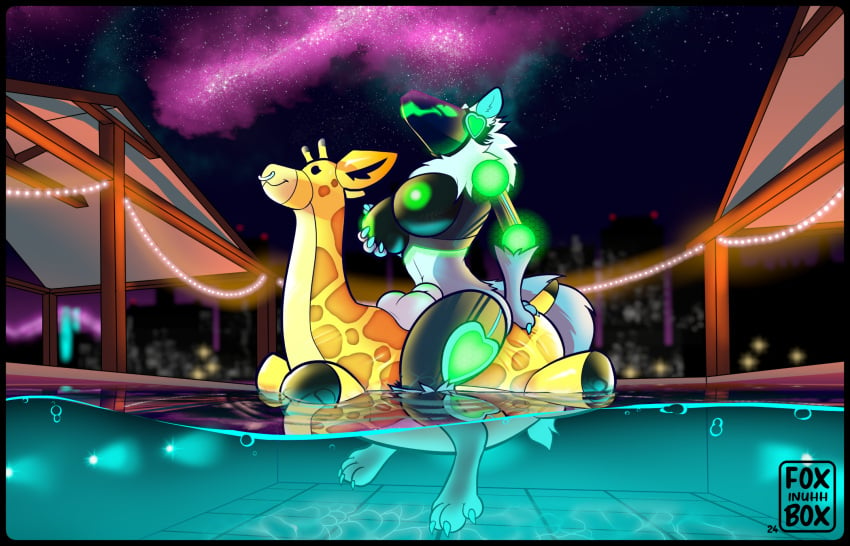 anthro detailed_background foxinuhhbox fur futa_only futanari giraffe giraffid hi_res inflatable intersex machine mammal pool protogen robot screen screen_face water wet