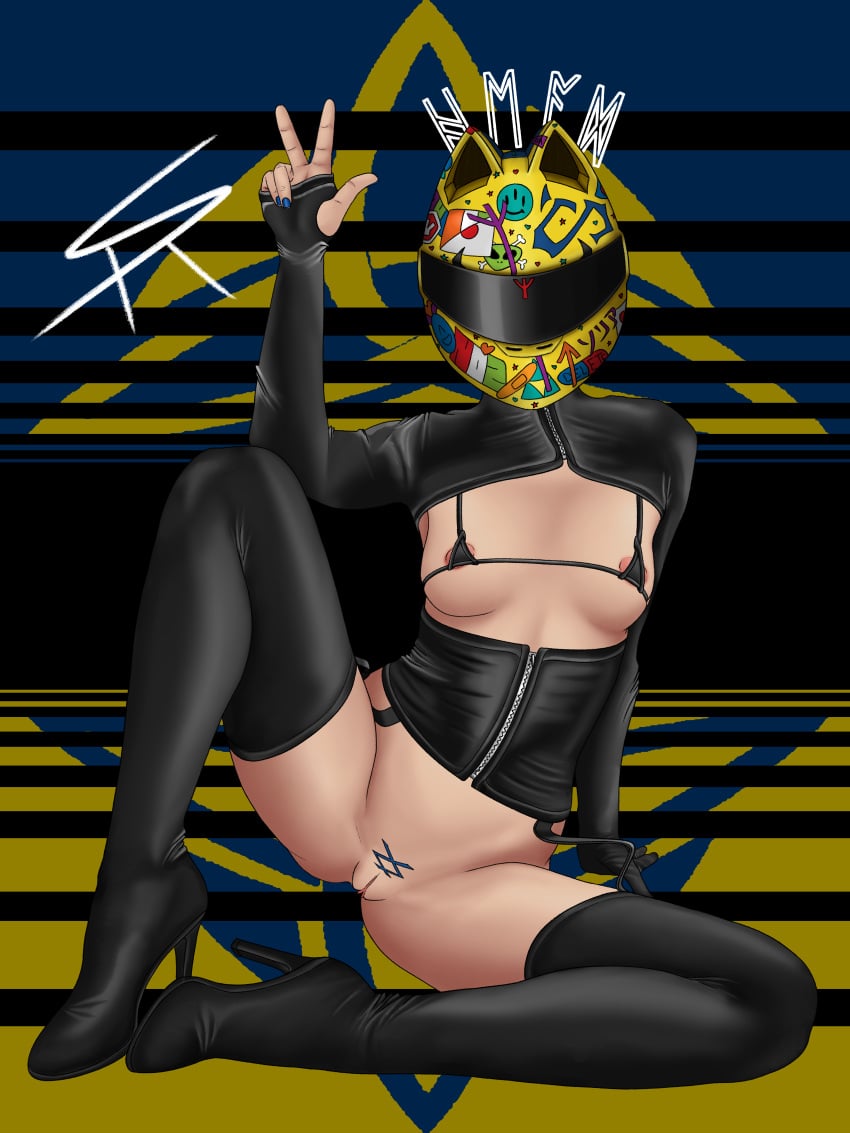 cat_ears celty_sturluson durarara!! latex motorcycle_helmet nail_polish peace_sign pussy stickers tagme