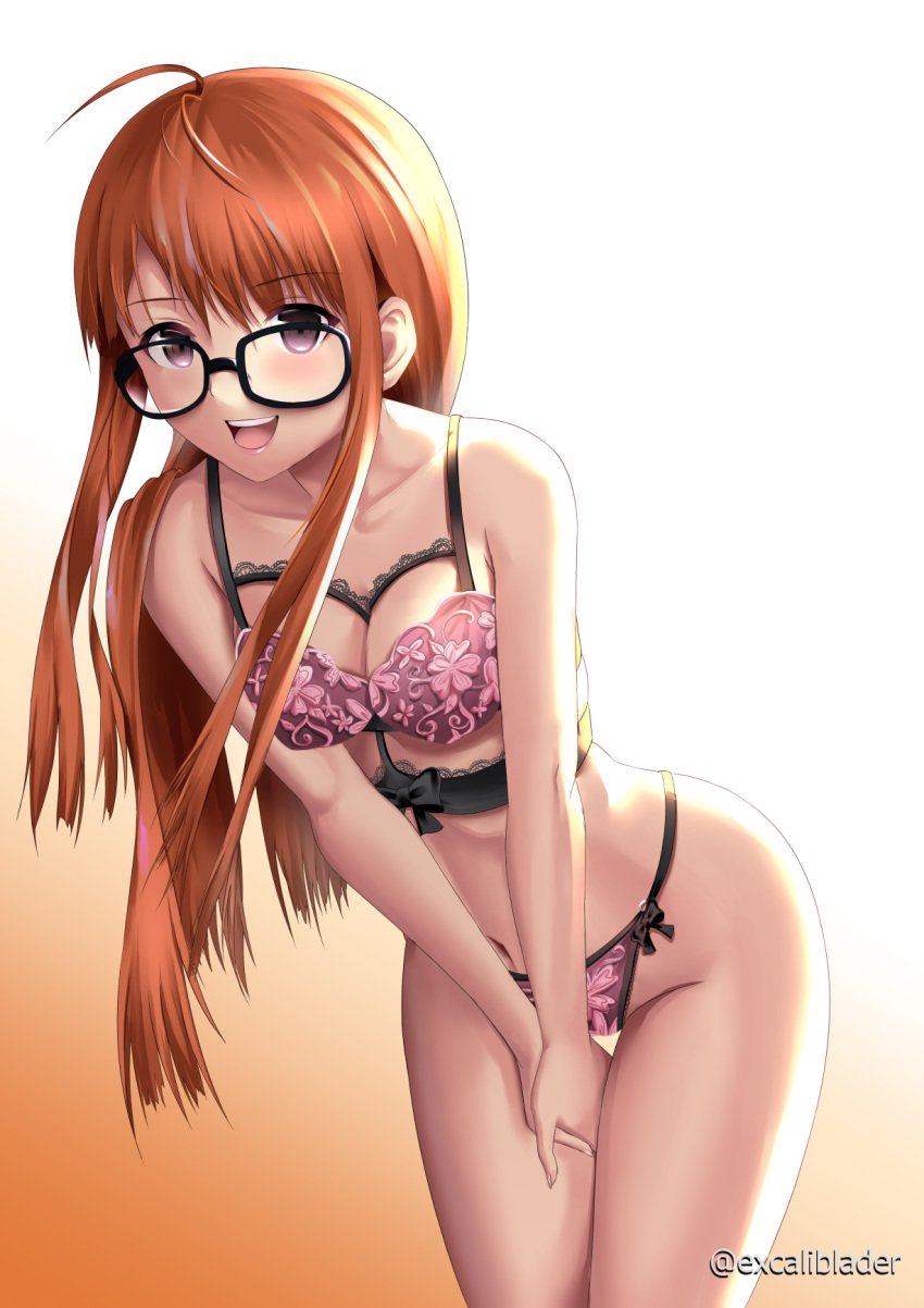 1girls bra breasts excaliblader glasses leaning_forward lingerie long_hair looking_at_viewer medium_breasts midriff navel orange_hair panties persona persona_5 pink_bra pink_eyes pink_lingerie pink_panties sakura_futaba