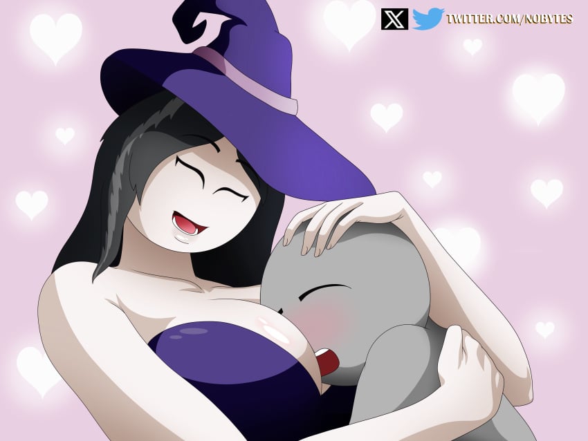 1boy 1girls 2d 2d_(artwork) anon big_breasts black_hair breasts head_between_breasts henry_stickmin_(game) hugging long_hair nobytes_(artist) size_difference smile smiling the_witch_(henry_stickmin) wholesome wholesome_hug witch_hat