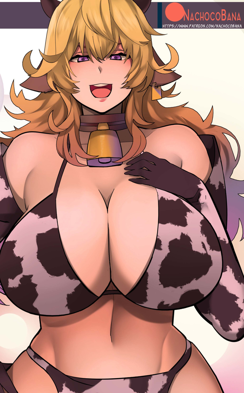 1girls abs bikini blonde_hair cow_ears cow_girl cow_print cowbell ear_tag female female_only huge_breasts nachocobana rwby text url watermark yang_xiao_long