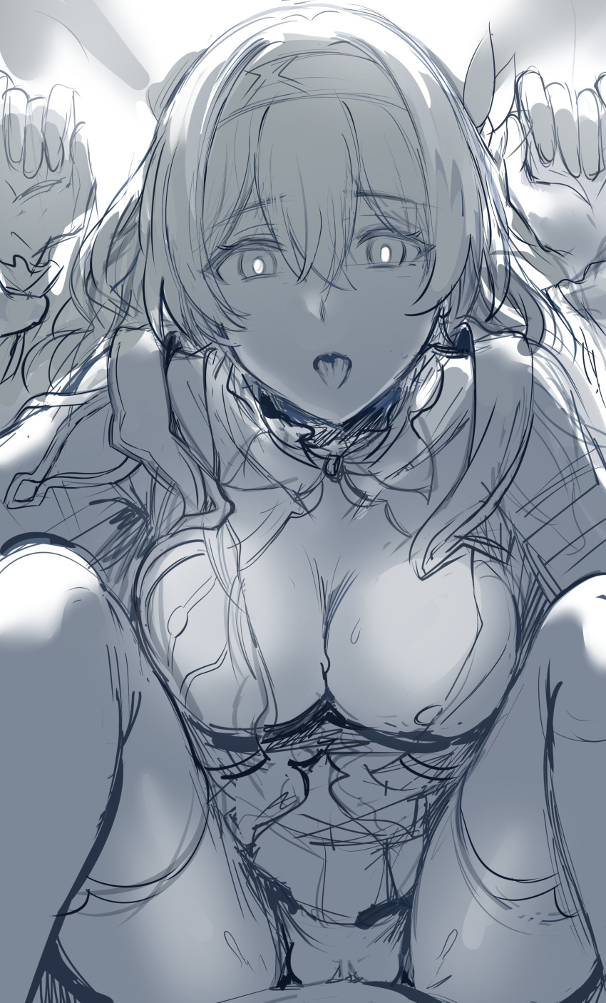 1boy absurdres best_girl breasts bright_pupils female firefly_(honkai:_star_rail) greyscale hair_between_eyes hairband hews hews_hack highres honkai:_star_rail honkai_(series) long_hair looking_at_viewer medium_breasts monochrome nipples open_mouth pov sex solo_focus sweat thighhighs unfinished white_pupils