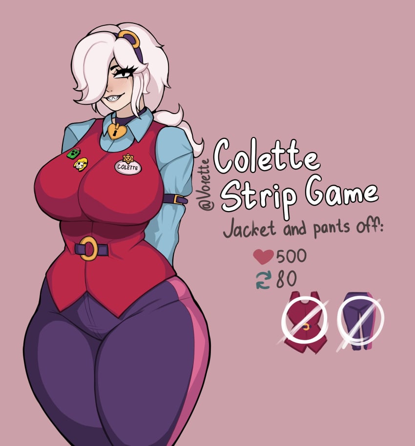 1girls 2024 badge big_breasts black_eyes blue_shirt brawl_stars breasts busty choker clothed clothed_female clothing colette_(brawl_stars) curvaceous curvy curvy_body curvy_female curvy_figure curvy_hips english english_text female female_focus female_only front_view fully_clothed fully_clothed_female hair_ornament hair_over_one_eye hands_behind_back huge_breasts jacket large_breasts legs_together lips long_hair looking_at_viewer makeup pants purple_pants red_jacket seductive seductive_look seductive_smile sharp_teeth shirt slim_waist smile solo solo_female solo_focus standing sticker stickers strip_game supercell teeth text thick thick_thighs uniform vo1ette voluptuous voluptuous_female white_hair wide_hips