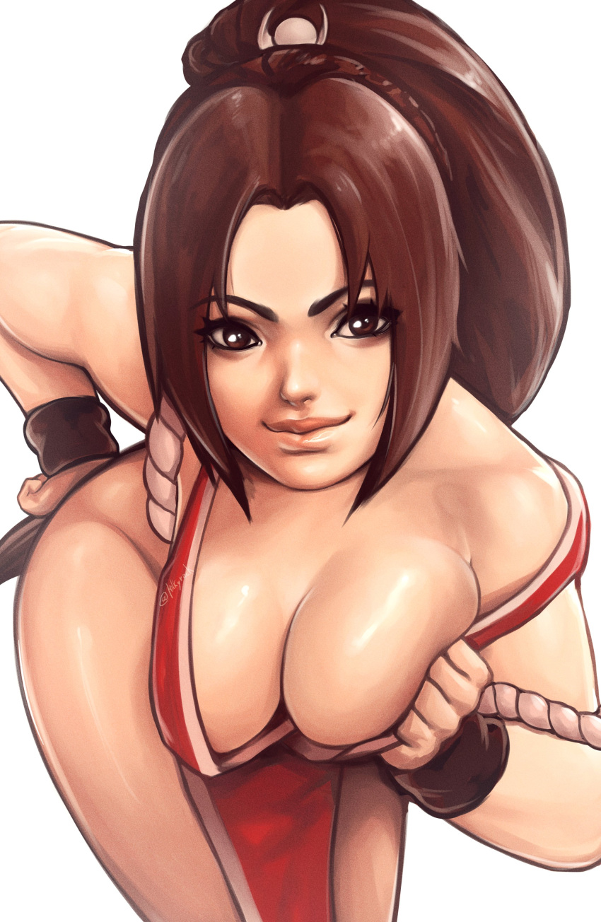 athletic athletic_female bare_legs big_breasts breasts brown_eyes brown_hair busty cleavage down_blouse fatal_fury female female_only hourglass_figure king_of_fighters long_hair mai_shiranui milkyrack pinup pinup_pose ponytail snk tagme tunic wide_hips