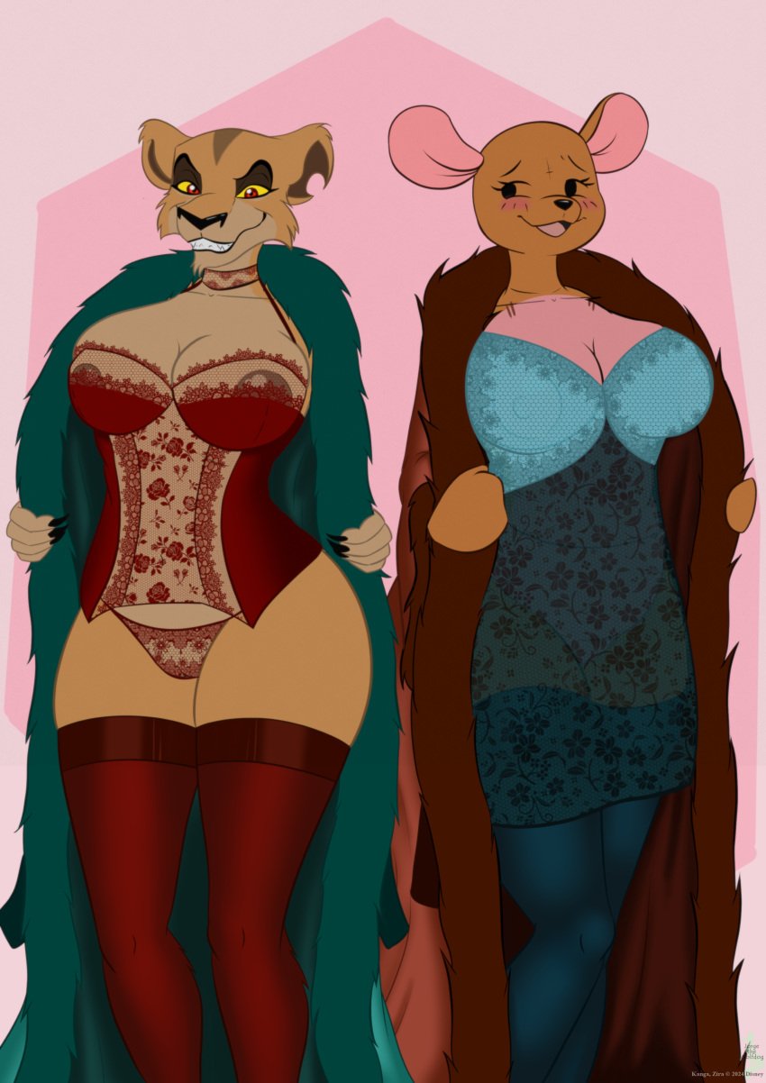 absurd_res animate_inanimate anthro anthrofied blush breasts brown_body claws clothed clothing collar crossover digital_media_(artwork) disney disney_sequel duo felid female female/female hi_res jorge-the-wolfdog kanga kangaroo legwear lingerie lion living_plushie looking_at_viewer macropod mammal marsupial open_clothing open_robe pantherine panties partially_clothed plushie presenting robe simple_background smile stockings suggestive teeth the_lion_king the_lion_king_ii:_simba's_pride thick_thighs_mature_female_big_breasts underwear winnie_the_pooh_(franchise) zira