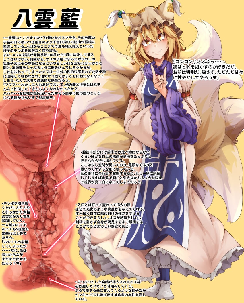 absurdres animal_hat blonde_hair blue_tabard cervix cross_section dress endometrium female fox_shadow_puppet fox_tail frilled_dress frilled_hat frills full_body hair_between_eyes hand_up hat head_tilt highres kitsune kyuubi labia_minora looking_at_viewer mahimaru medium_hair mob_cap multiple_tails myometrium oerba_yun_fang perimetrium pussy_juice ran_yakumo sleeve_garter socks solo standing tabard tail tails tassel touhou translation_request uterus white_dress white_hat white_socks wide_sleeves yakumo_ran yellow_background yellow_eyes