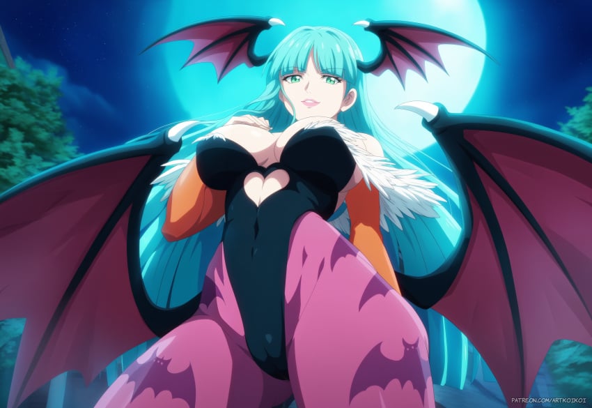 ai_generated artkoikoi belly_button_visible_through_clothing cameltoe cosplay darkstalkers demon demon_girl demon_wings emerald_green_eyes emerald_green_hair eyebrows_visible_through_hair female female_focus hand_on_breast lips long_hair morrigan_aensland morrigan_aensland_(cosplay) seducing seduction seductive seductive_body seductive_eyes seductive_look seductive_mouth seductive_pose seductive_smile succubus wings