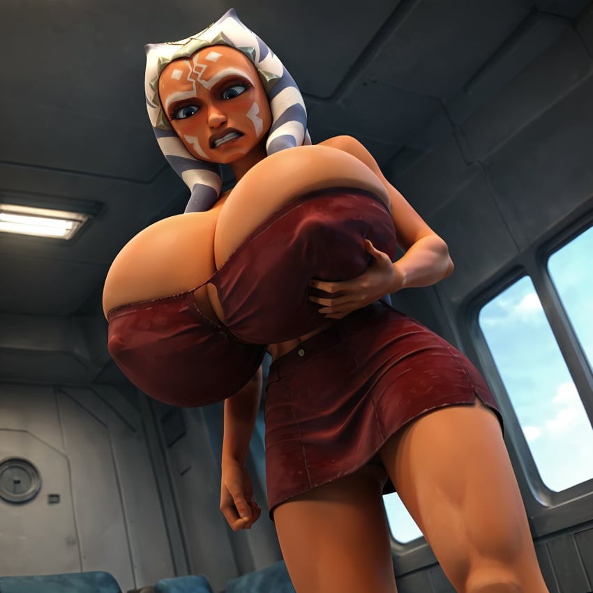 1girls ahsoka_tano ai_generated alternate_breast_size big_breasts blush cleavage clone_wars clothed clothing female female_only giant_breasts gigantic_breasts grabbing huge_breasts nipple_bulge skirt solo star_wars star_wars:_the_clone_wars tagme the_clone_wars:_season_one unknown_artist