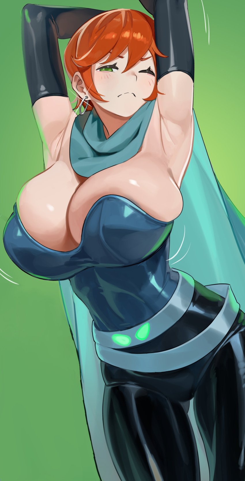 1girls armpits arms_behind_head ben_10 big_breasts blush brown_hair bursting_breasts cartoon_network cleavage clothed clothing dressed earrings edit female female_only future_gwen green_eyes gwen_tennyson huge_breasts large_breasts latex light-skinned_female light_skin mature_female milf nia4294 nia_(nia4294) orange_hair red_hair sexy_armpits short_hair simple_background softcore solo thick_thighs thighs wide_hips