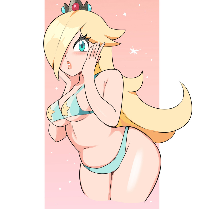 1girls bikini blonde_hair blue_eyes busty chubby crown curvy digicheeze hair_over_one_eye hands_on_cheeks leaning_forward light-skinned_female light_skin mario_(series) nintendo princess_rosalina swimsuit thick_thighs thighs