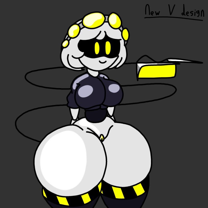 actualbeef big_breasts bottomless casual casual_nudity female female_only huge_ass hyper hyper_thighs murder_drones png robot robot_girl topwear v_(murder_drones)