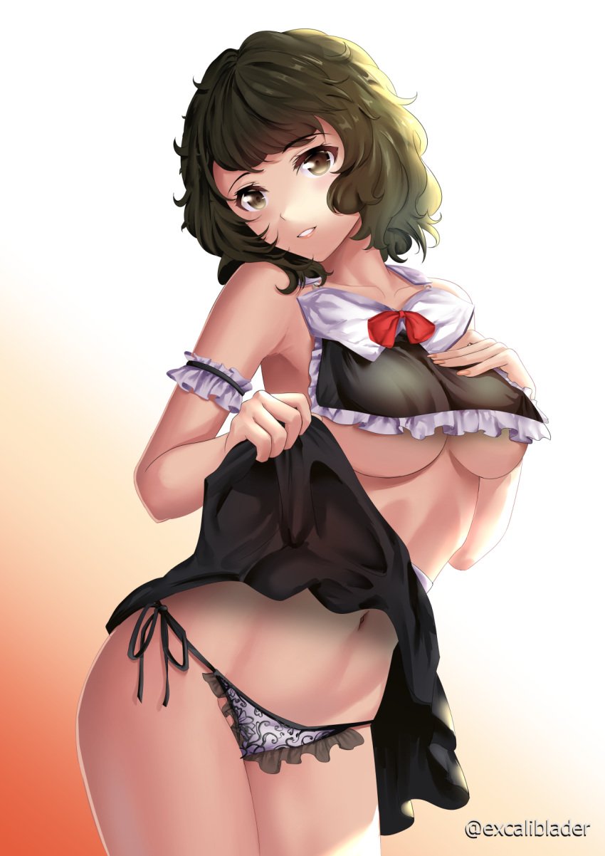 1girls armband black_bra black_hair black_lingerie black_panties black_skirt bra breasts brown_eyes excaliblader lingerie looking_at_viewer maid maid_lingerie medium_breasts midriff navel panties persona persona_5 sadayo_kawakami short_hair skirt skirt_lift