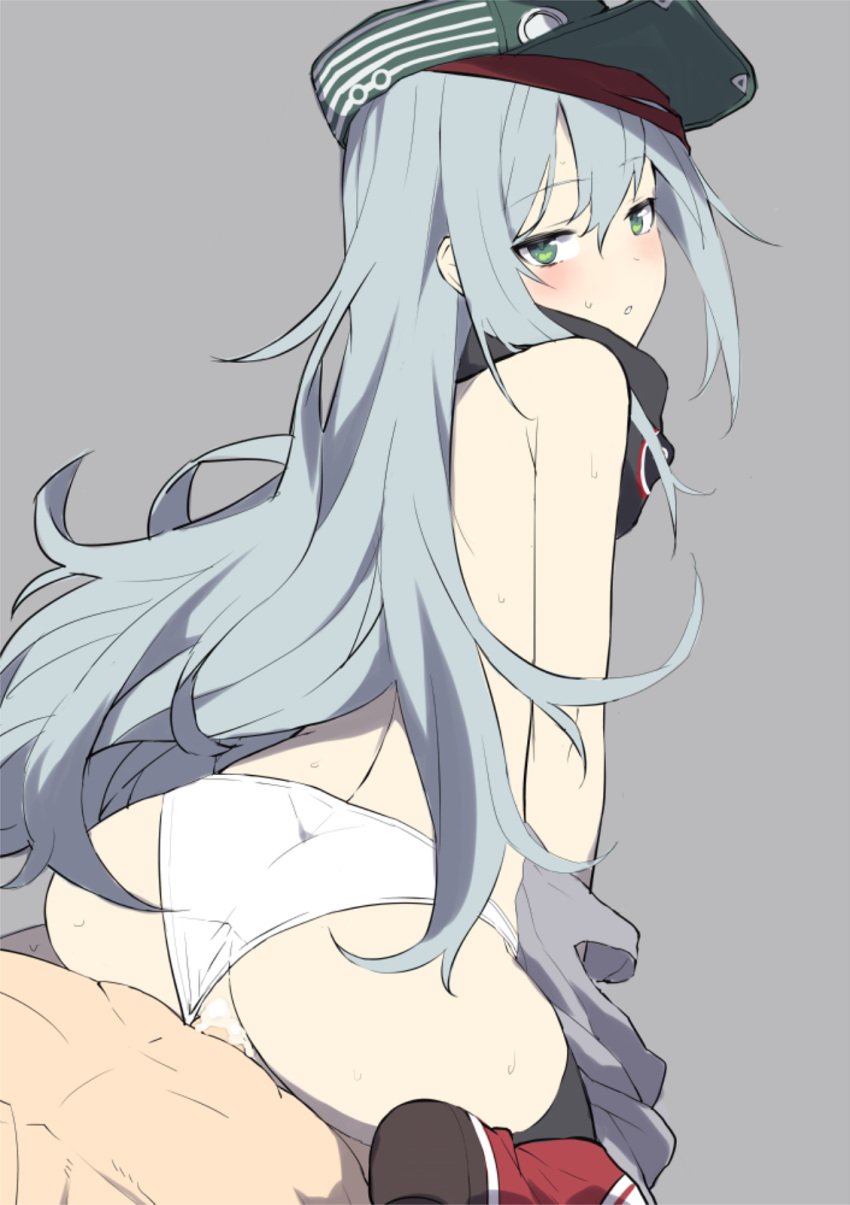 1boy 1girls android android_girl ass black_legwear black_thighhighs blush boots clothing commander_(girls'_frontline) cum cum_in_pussy cum_inside eguegu eyebrows_visible_through_hair female from_behind g11_(girls_frontline) girls'_frontline green_eyes green_headwear grey_background grey_hair hair_between_eyes hat highres light-skinned_female light-skinned_male long_hair looking_at_partner looking_at_viewer looking_back looking_back_at_partner male male_pov panties panties_aside penetration penis pov pussy red_boots scarf sex shirt_down simple_background spread_legs straight thighhighs underwear vaginal_penetration white_panties