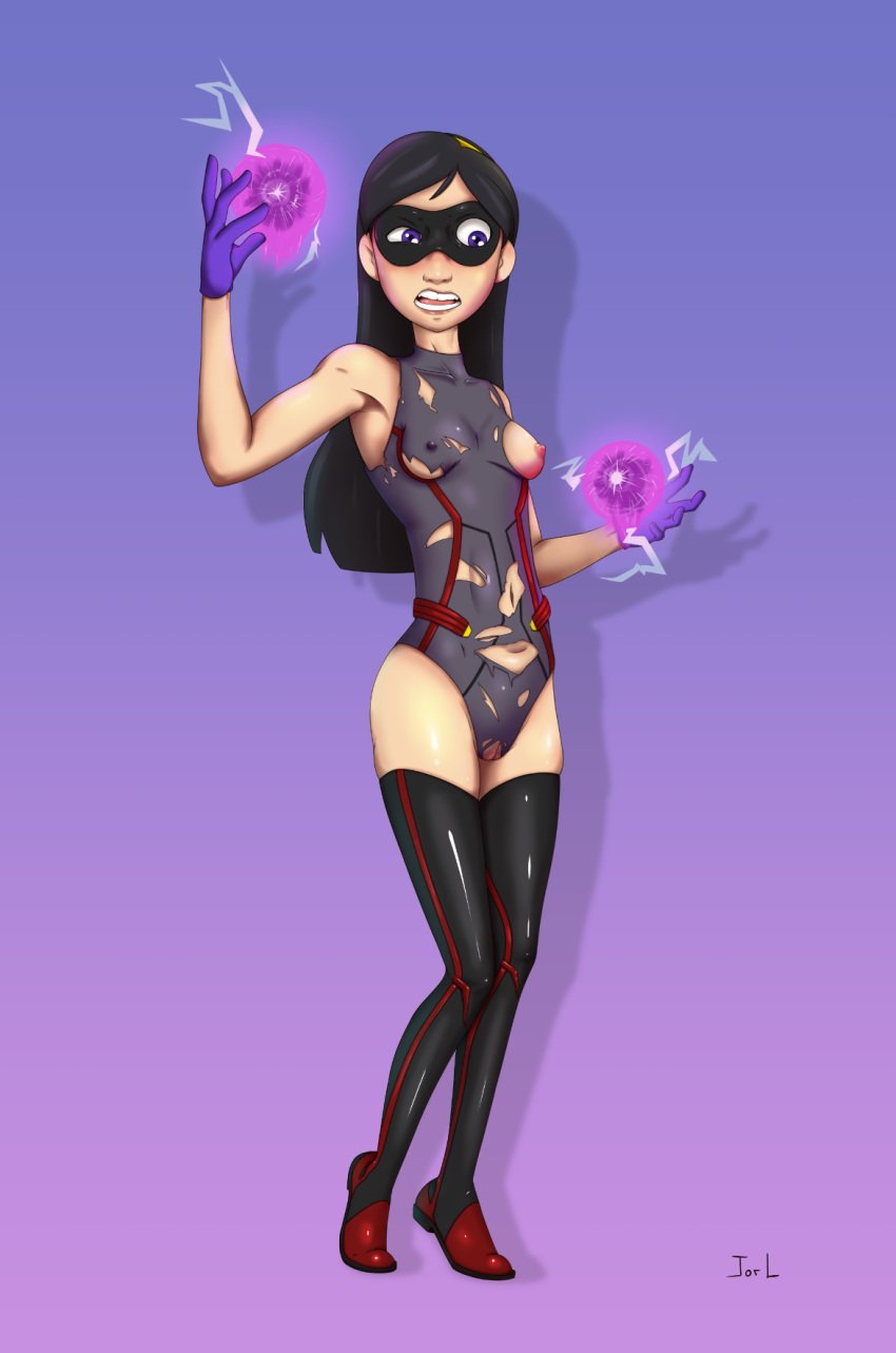 1girls black_hair bodysuit breasts disney female jorl nipple_bulge nipples pixar pussy skintight solo the_incredibles torn_clothes violet_parr wardrobe_malfunction