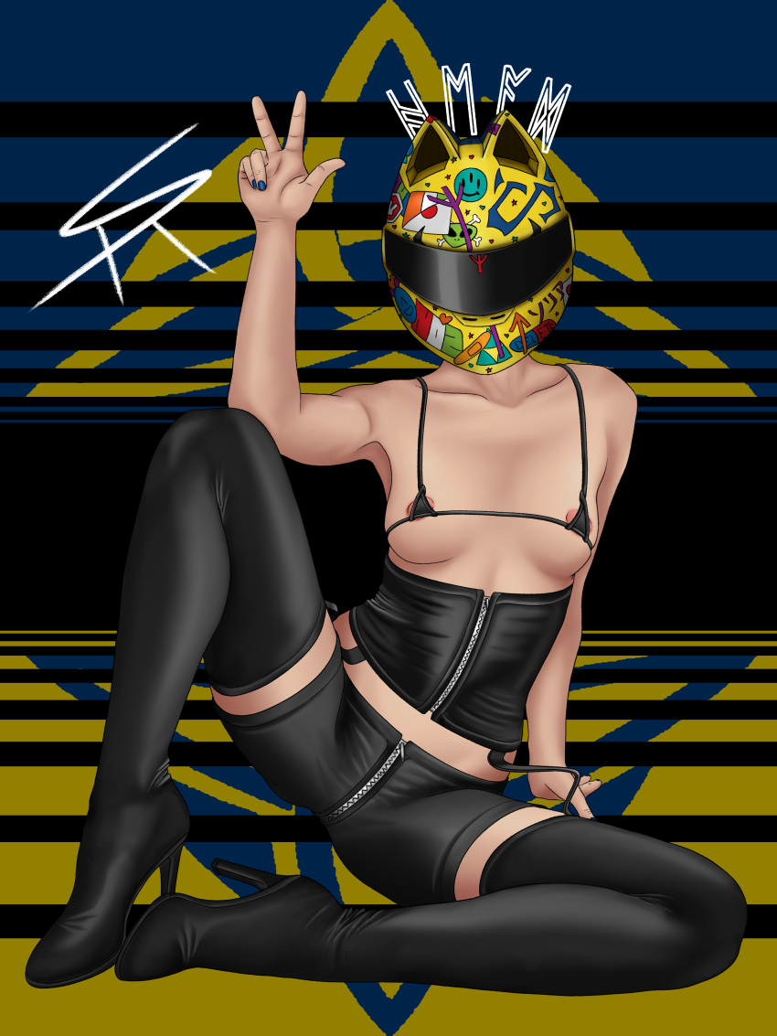 cat_ears celty_sturluson durarara!! latex motorcycle_helmet nail_polish peace_sign stickers tagme