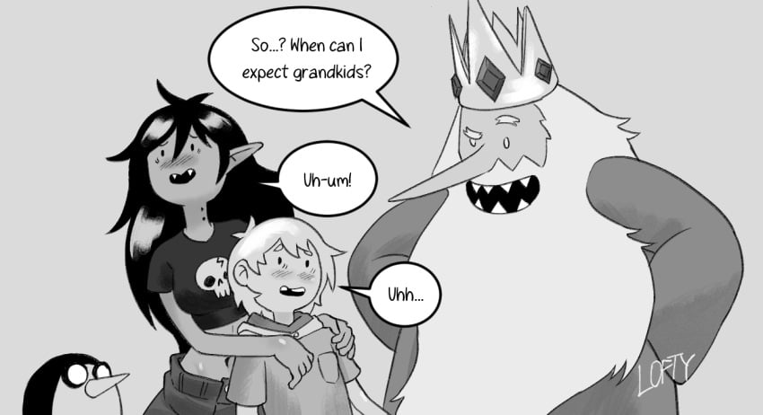 2boys 2girls adventure_time black_and_white black_hair blush couple crown dialogue fangs finn_the_human gunter hands_on_another's_shoulders hands_on_hips holding_hands human ice_king lofty_(artist) long_beard looking_at_another looking_away marceline open_mouth penguin sharp_claws sharp_teeth simon skull_shirt smile vampire white_background wholesome