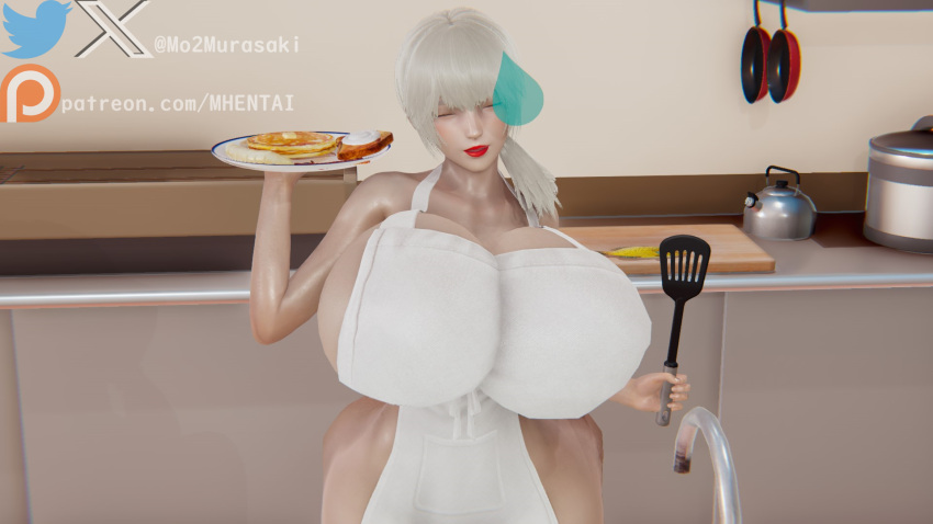 3d female honey_select_2 illusion_soft kitchen mature_female milf mother murasakio_(artist) uzaki-chan_wa_asobitai! uzaki_tsuki white_hair