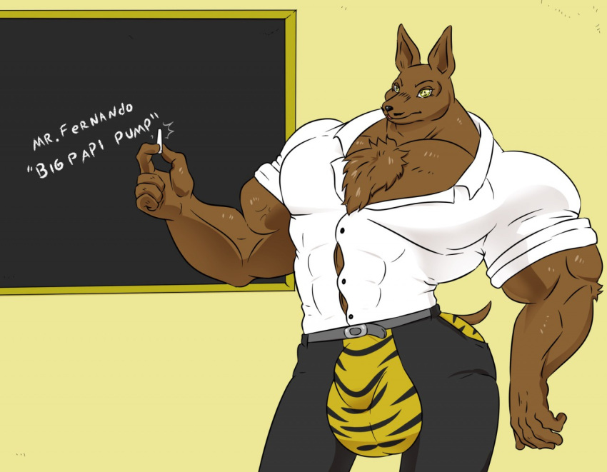 1boy a-side abs anthro anthro_only assless_chaps biceps chalkboard chaps chest_hair chest_tuft chihuahua dilf furry himbo jockstrap male male_only mexican moustache mr._fernando muscles muscles_through_clothes muscular_male pecs professor solo teacher tiger_print tight_clothing tight_fit veiny_muscles yellow_eyes