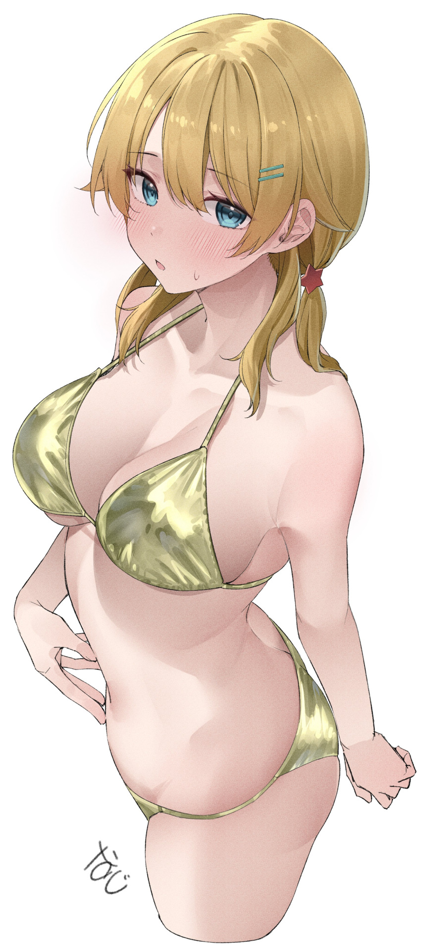 1girls :o absurd_res absurdres bare_arms bare_back bare_belly bare_legs bare_midriff bare_shoulders bare_skin bare_thighs belly belly_button bikini bikini_bottom bikini_only bikini_top blonde_female blonde_hair blonde_hair_female blue_eyes blue_eyes_female blush blush_lines blushing_female breasts cleavage collarbone dot_nose female female_focus female_only fingers golden_bikini golden_bikini_bottom golden_bikini_only golden_bikini_top golden_string_bikini golden_swimsuit golden_swimwear hachimiya_meguru hair_between_eyes hairclip high_resolution highres hourglass_figure idolmaster idolmaster_shiny_colors kawai_ritsu_(rits_meg) legs light-skinned_female light_skin lips looking_at_viewer medium_breasts naked naked_female navel nude nude_female open_mouth shoulders sideboob simple_background slender_body slender_waist slim_girl slim_waist solo standing string_bikini sweat sweatdrop swimsuit swimwear thick_thighs thighs thin_waist twintails upper_body white_background wide_hips