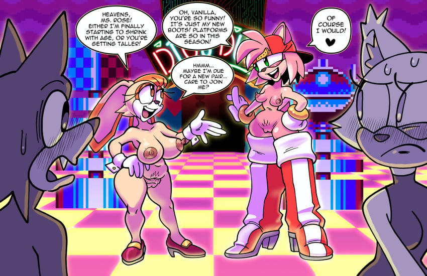 2girls amy_rose breasts casual exposed_torso female footwear furry handwear hat high_heel_boots legwear public public_nudity pussy sega sonic_(series) sonic_the_hedgehog_(series) speech_bubble vanilla_the_rabbit yellowjackinit