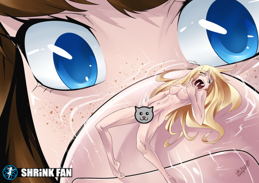 blonde_hair blue_eyes brown_hair censored climax closed_eyes extreme_micro fingers focus focused handheld long_hair looking_at_partner micro micro_on_hand micro_on_macro microscopic minigirl on_finger orgasm shrink_fan shrinking shrunken_woman vaginal_masturbation watched watermark yuri