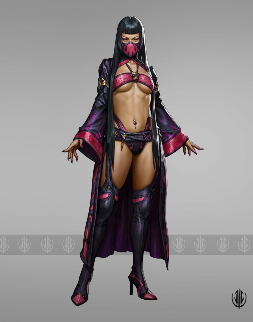 1girls artist_logo bellybutton_piercing black_hair dark-skinned_female dark_skin exposed_midriff face_mask high_heels john_dimayuga megan_thee_stallion mileena mortal_kombat revealing_clothes thighhighs underboob