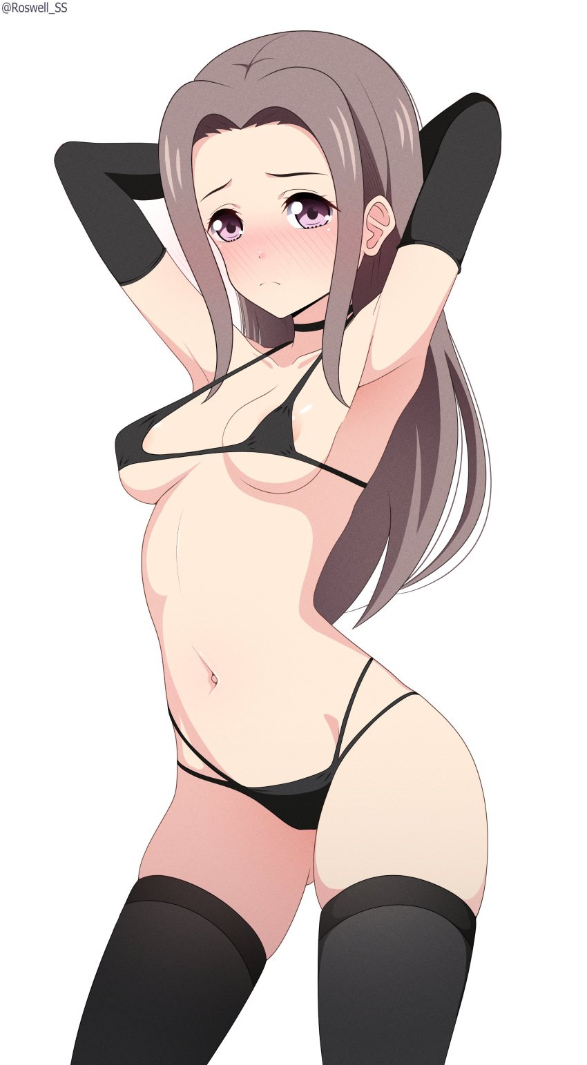 1girls absurd_res absurdres accurate_art_style areolae arm_gloves armpits arms_above_head arms_behind_head bare_belly bare_chest bare_legs bare_midriff bare_shoulders bare_skin bare_thighs belly belly_button black_arm_gloves black_bra black_gloves black_panties black_thighhighs black_underwear blush blush_lines blushing_female bra breasts brown_hair brown_hair_female choker cleavage collar collarbone dot_nose elbows embarrassed embarrassed_female female female_focus female_only gloves groin hands_above_head hands_behind_head high_resolution highres kaguya-sama_wa_kokurasetai_~tensai-tachi_no_renai_zunousen~ kino_karen legs light-skinned_female light_skin long_hair looking_at_viewer medium_breasts navel official_style panties parted_bangs purple_eyes purple_eyes_female roswell-ss sideboob simple_background slender_body slender_waist slim_girl slim_waist solo standing string_bra string_panties student teenager thick_thighs thighhighs thighs thin_waist underboob underwear upper_body v-line white_background wide_hips