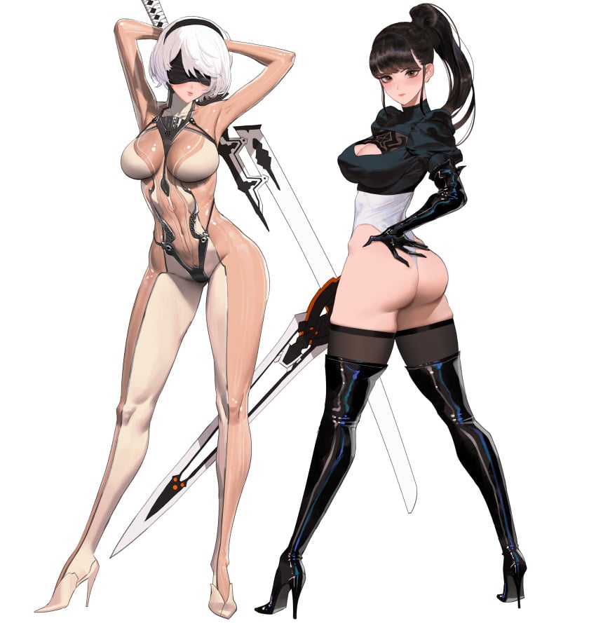 2girls android arms_up asian asian_female ass back_view big_ass big_breasts black_hair blush bob_cut boots cosplay costume_switch crossover eve_(stellar_blade) eve_(stellar_blade)_(cosplay) female gloves headband high_heels korean large_ass latex_boots long_hair long_legs nier nier:_automata nier_(series) paag skin_suit_(stellar_blade) skinsuit slim_waist stellar_blade sword thick_thighs thighhigh_boots thighhighs tied_hair white_hair wide_hips wonbin_lee yorha_2b yorha_2b_(cosplay)