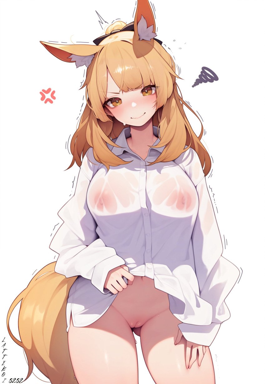 1girls ai_assisted ai_generated angry animal_ears arknights artist_name blemishine_(arknights) blonde_hair blush breasts brown_eyes cleft_of_venus cowboy_shot female female_only hair_ribbon hand_on_thigh hi_res horse_tail kemonomimi lattekoi5252 light-skinned_female light_skin long_hair long_sleeves medium_breasts navel nipples ponytail pussy see-through see-through_clothing shaved_pussy shirt shirt_lift shirt_only simple_background solo solo_female tail thighs trembling uncensored white_background white_shirt