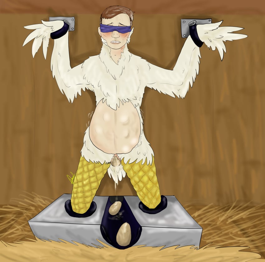 anthro anthrofied avian bird blindfold chicken egg egg_laying farm galliform gallus_(genus) humanoid machine naughtybirdart nude phasianid pregnant pussy stomach_bulge tail transformation