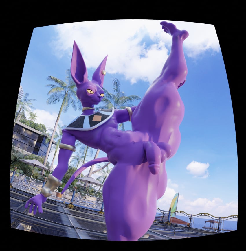 beach beerus boner dragon_ball dragon_ball_super erection furry hi_res humanoid male male_only solo solo_male stretching t-bone589 thick_thighs