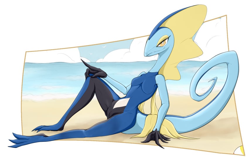 2024 alpha_channel anthro beach breasts featureless_breasts female fingers generation_8_pokemon genitals hi_res inteleon lizard nintendo nude pokemon pokemon_(species) pussy reptile scalie sitting slim small_breasts solo tail vagoncho