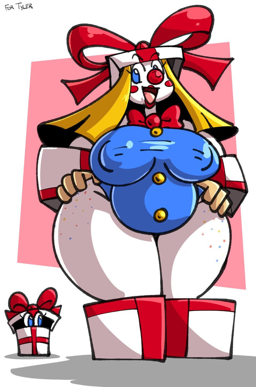 1girls ass belly blonde_hair blue_eyes bow box breasts buttons chubby chubby_female clown clown_girl clown_makeup clown_nose fat female female_focus female_only freckles freckles_on_ass gloves hips large_ass large_breasts leotard mimic nipple_bulge present sachasketchy stomach thick_thighs thighs wide_hips