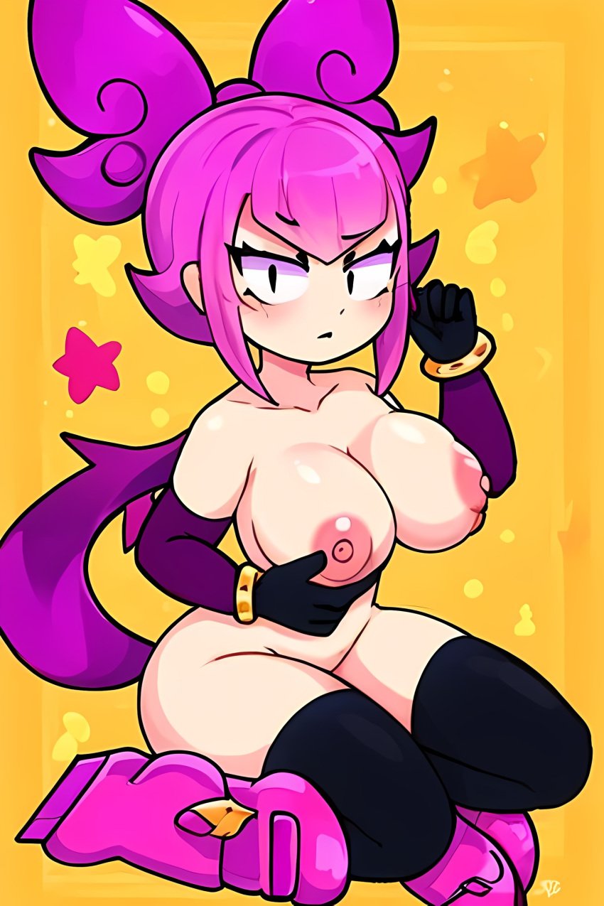 ai_generated areola areolae black_gloves black_thighhighs brawl_stars breast_grab breasts melodie_(brawl_stars) nipples pink_boots pink_hair spiked_bracelet thigh_highs thighhighs yellow_background