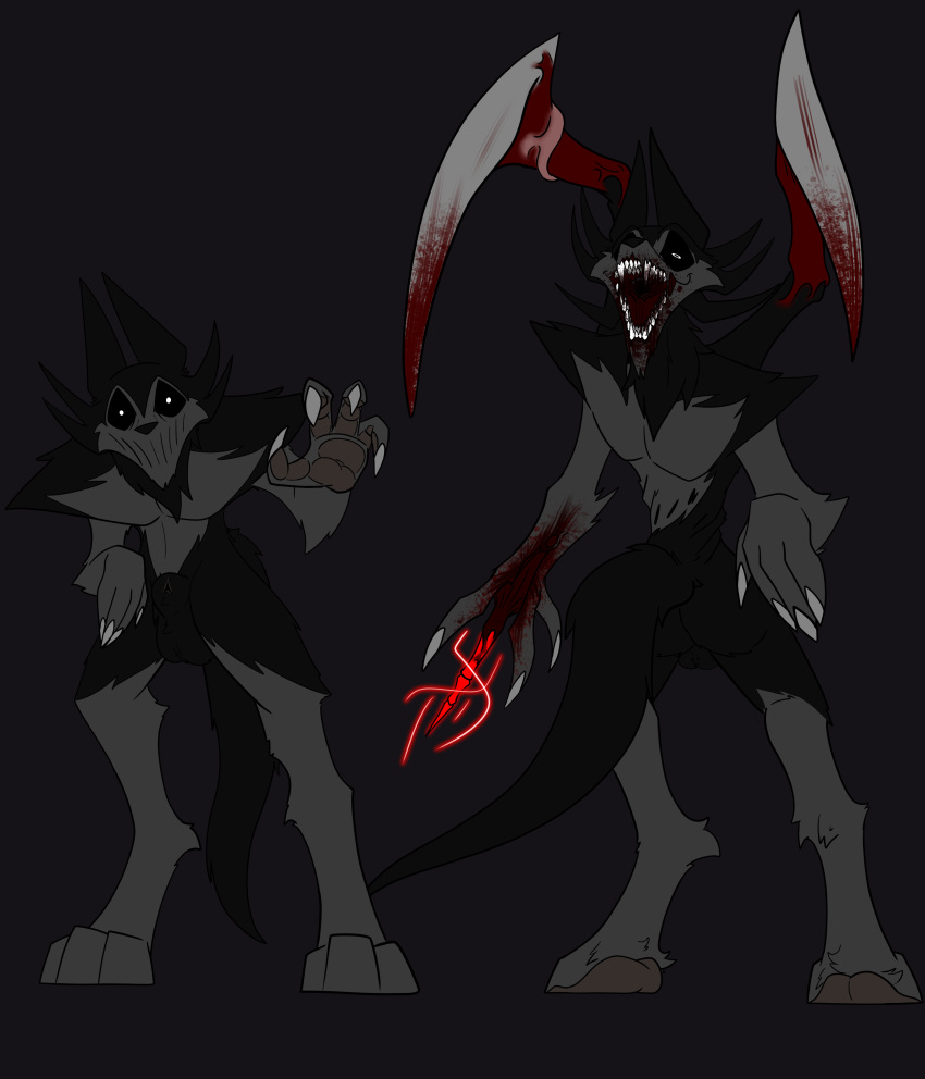 absurd_res alien alien_humanoid alteredkrimson animal_genitalia anthro blood blood_on_face blood_on_hand bodily_fluids body_horror canid canine claws crazed_expression digitigrade_anthro duo ears_up fully_sheathed fur genitals handpaw hi_res humanoid looking_at_viewer male mammal mouthless multi_arm multi_limb mutation paws reaching_towards_viewer sharp_teeth sheath solo t'voal_(alteredkrimson) tail teeth