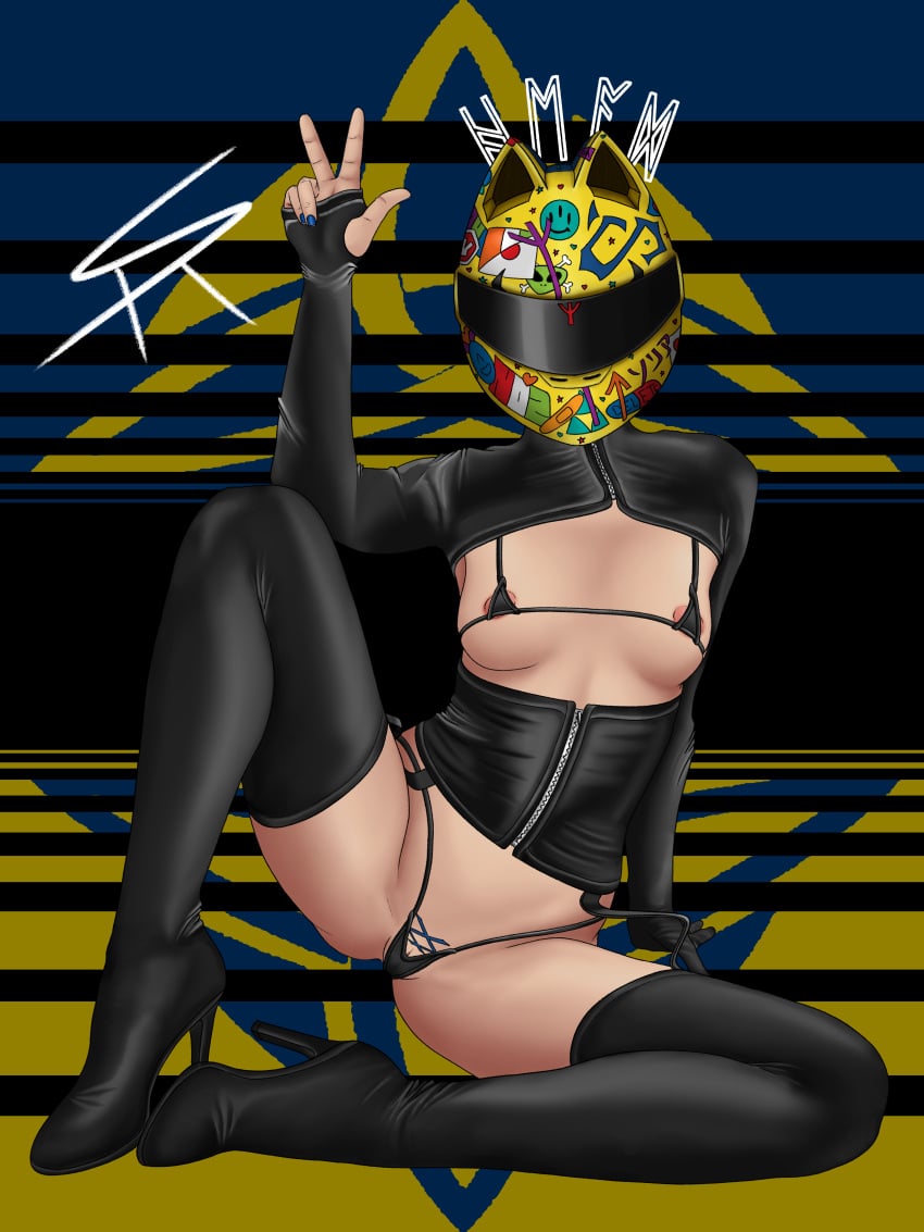 cat_ears celty_sturluson durarara!! latex motorcycle_helmet nail_polish peace_sign stickers tagme