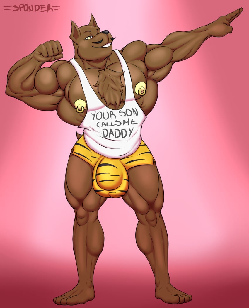 abs anthro anthro_only biceps booty_shorts bulge chest_hair chest_tuft chihuahua daddy dilf flexing furry lats_(muscle) looking_at_viewer male male_only mexican moustache mr._fernando muscles muscular_male nipple_piercing nipple_rings pecs pose professor solo sponder tank_top teacher tiger_print