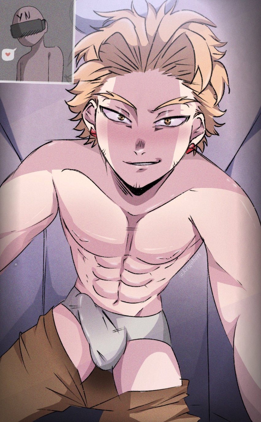 abs blonde_hair blonde_hair_male erect_penis erection erection_under_clothes erection_under_clothing face_closeup hawks_(my_hero_academia) keigo_takami keigoberi looking_at_viewer looking_down looking_down_at_viewer low-angle_view male male_focus male_only muscular muscular_male my_hero_academia pants_down pretty_boy red_earrings smirk smirking smirking_at_viewer solo takami_keigo underwear vr_headset watermark white_skin y/n yellow_eyes