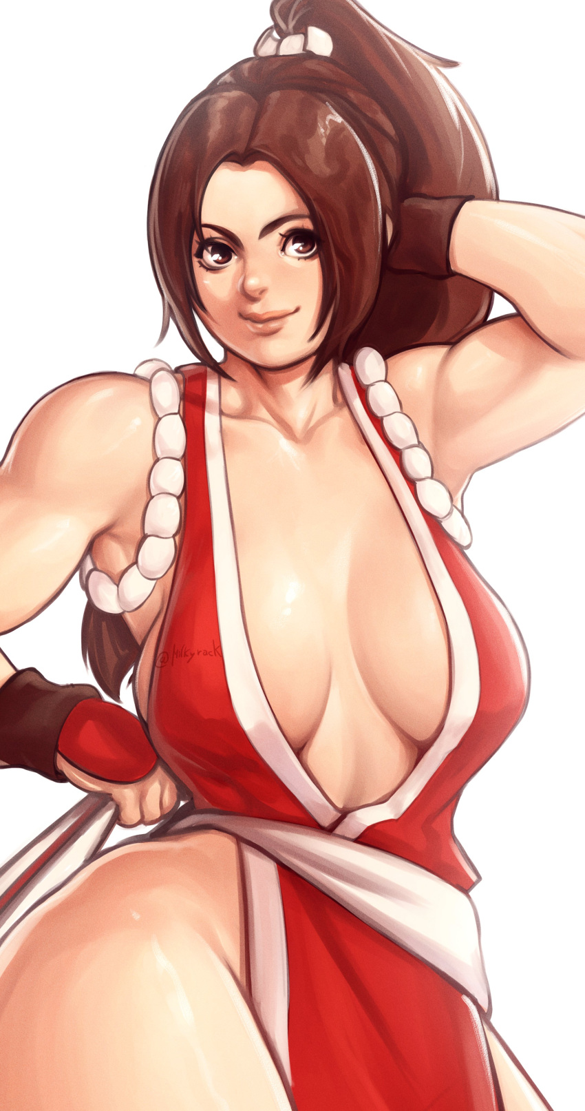 athletic athletic_female bare_legs big_breasts breasts brown_eyes brown_hair busty cleavage fatal_fury female female_only hourglass_figure king_of_fighters long_hair mai_shiranui milkyrack pinup pinup_pose ponytail snk tagme tunic wide_hips