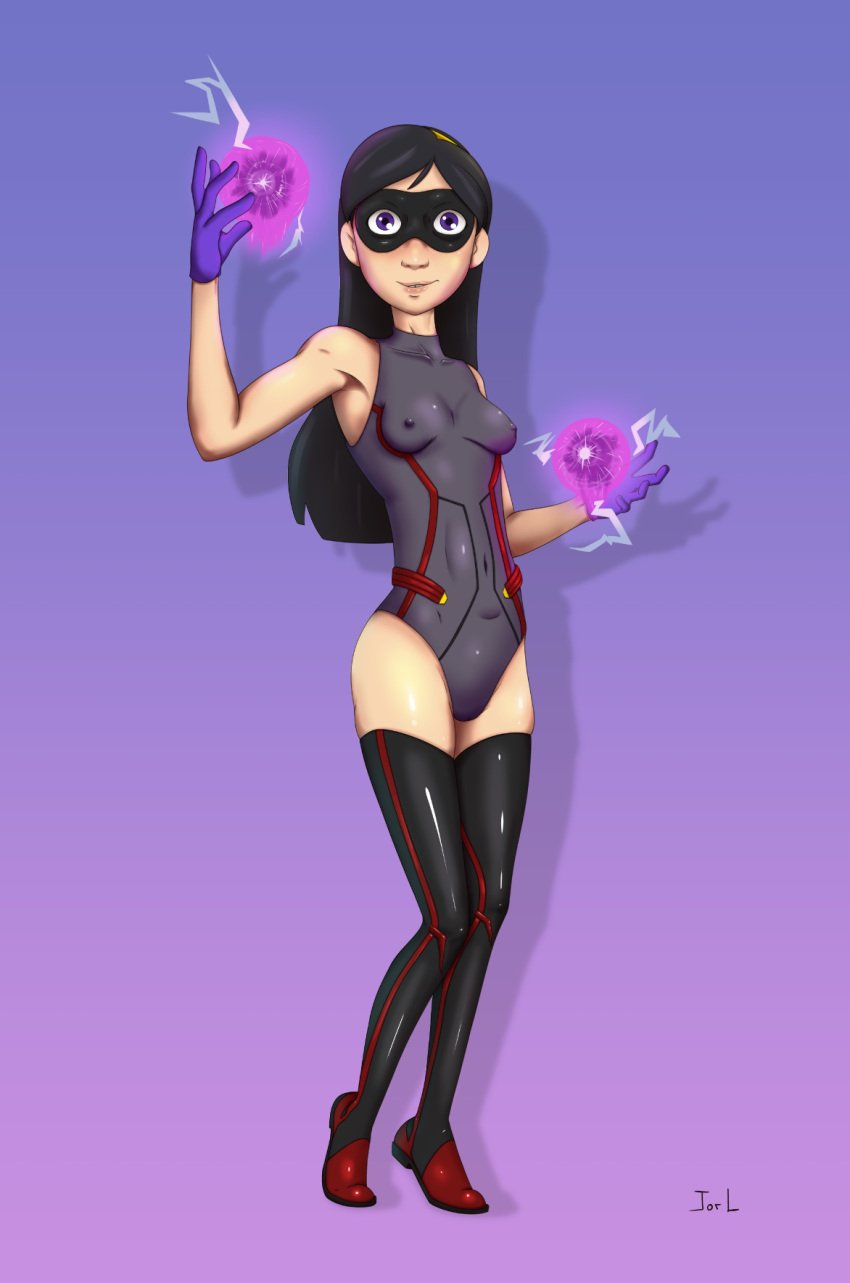 1girls black_hair bodysuit breasts disney female jorl nipple_bulge pixar skintight solo the_incredibles violet_parr