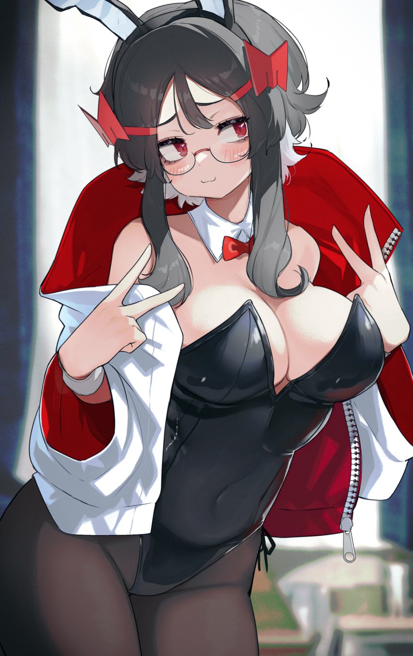 1girls :3 big_breasts black_hair blush bow_tie bowtie breasts bunny_ears bunny_girl bunnysuit busty chubby cleavage cleft_of_venus covered_navel curvaceous curvy curvy_figure detached_collar eyewear fake_animal_ears female female_only glasses groin hair_between_eyes hairclip hi_res high_resolution highres hizake hourglass_figure huge_breasts kashu_(hizake) large_breasts leotard light-skinned_female light_skin mozu_(hizake) navel oc original original_character pale-skinned_female pale_skin pantyhose peace_sign posing red_eyes sidelocks solo solo_female standing two_tone_hair wide_eyed wide_hips