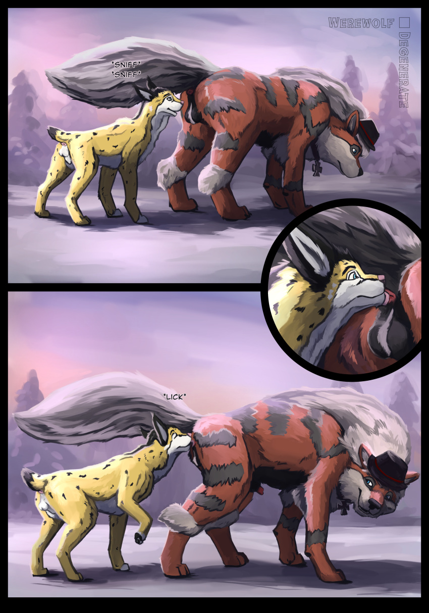 absurd_res anal animal_genitalia animal_penis arcanine ass balls canid canine canine_genitalia detailed_background digital_media_(artwork) digital_painting_(artwork) duo erection felid feline feral forest fur generation_1_pokemon genitals hi_res licking lynx male male/male mammal nature nature_background nintendo oral outside penis plant pokemon pokemon_(species) rimming sex sniffing snow speedpaint speedpainting tail tongue tree werewolfdegenerate